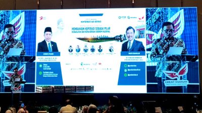 Ketua Dewan Direktur Great Institute, Dr. Syahganda Nainggolan saat menyampaikan Pidato Kebangsaan dalam diskusi bertajuk “Reaktualisasi Pasal 33 Undang-Undang Dasar 1945: Membangun Koperasi sebagai Pilar Kedaulatan Dan Kemandirian Ekonomi Nasional” di Westin Hotel, Jakarta Selatan, Selasa (28/7/2026). Foto: Noval Nurhadi/TOPIKONLINE.CO.ID