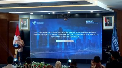 Menteri Perdagangan Budi Santoso saat menyampaikan sambutan dalam acara peluncuran Trade Corporate University dan Cetak Biru Pengembangan SDM Perdagangan di Auditorium Kementerian Perdagangan, Jakarta, Rabu (2/9/2026). Foto: Istimewa