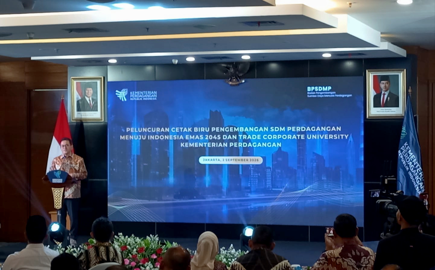 Menteri Perdagangan Budi Santoso saat menyampaikan sambutan dalam acara peluncuran Trade Corporate University dan Cetak Biru Pengembangan SDM Perdagangan di Auditorium Kementerian Perdagangan, Jakarta, Rabu (2/9/2026). Foto: Istimewa